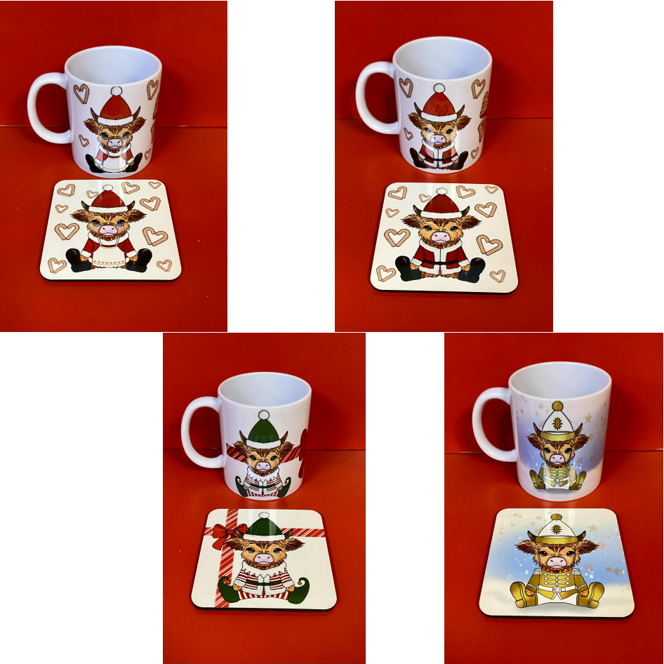 SUBLIMATED CHRISTMAS COW MUG & MDF SQUARE COASTER SET