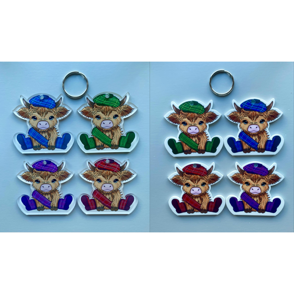 SUBLIMATED TARTAN HIGHLAND COW KEYRING (WC2304)