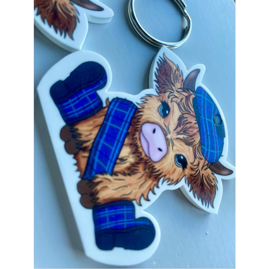 SUBLIMATED TARTAN HIGHLAND COW KEYRING (WC2304)