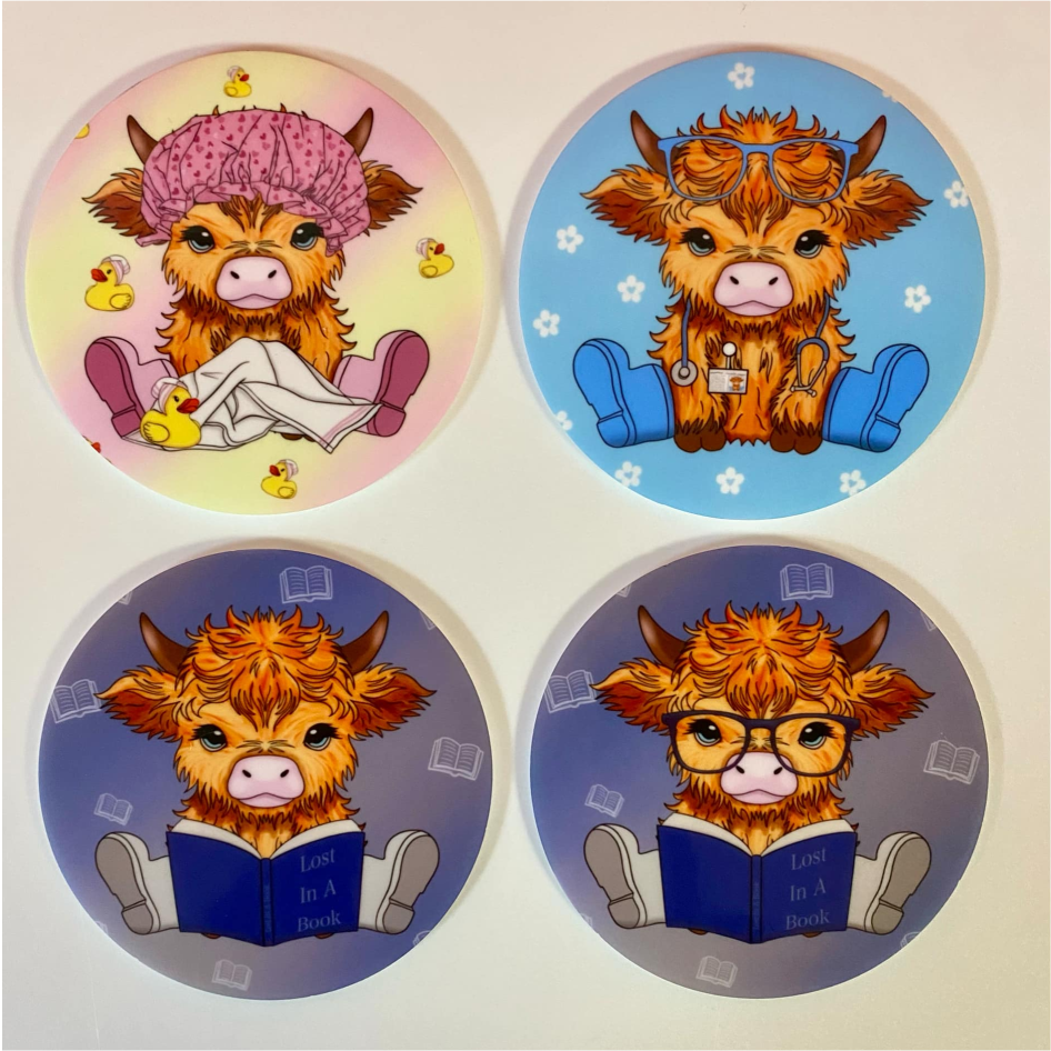 SUBLIMATED EH HIGHLAND COW 10CM ACRYLIC CIRCLE COASTER