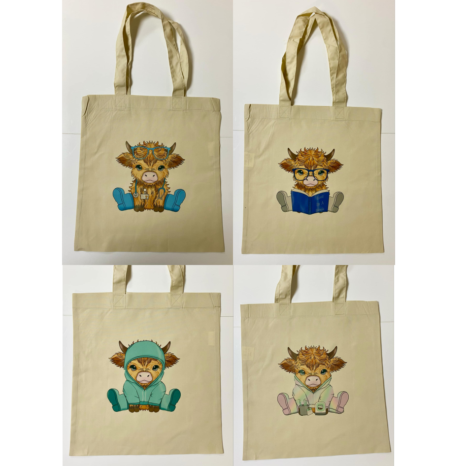 SUBLIMATED HIGHLAND COW NATURAL COLOURED TOTE BAG