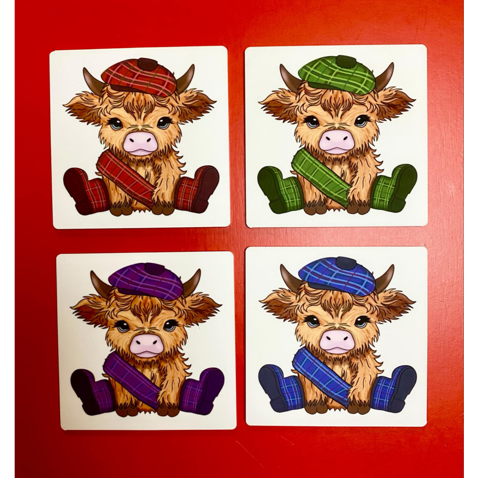 SUBLIMATED TARTAN HIGHLAND COW MOONLIGHT WHITE 7.5CM SQUARE (WC2259)