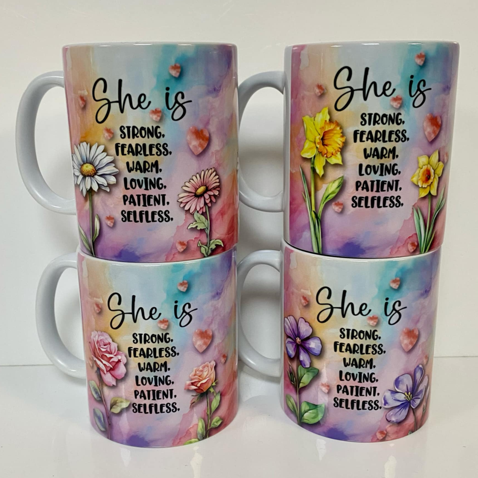 SUBLIMATED 'SHE IS' FLOWER MUG