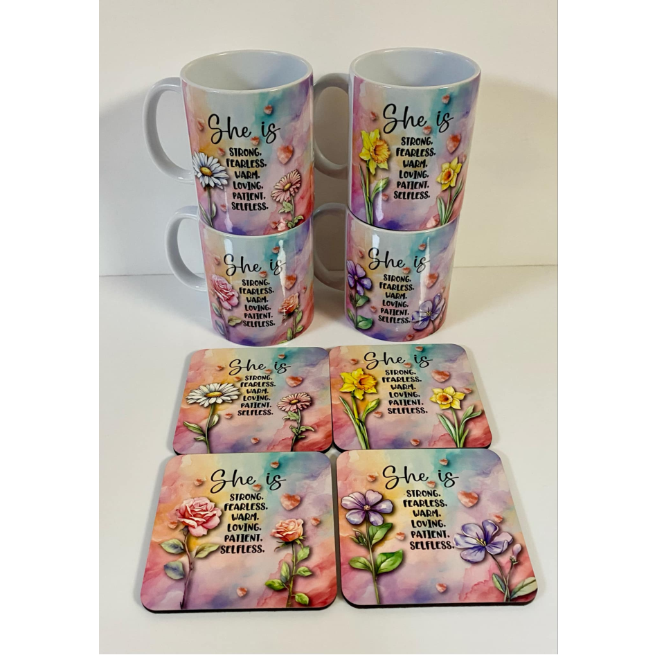 SUBLIMATED 'SHE IS' FLOWER MUG & MDF SQUARE COASTER SET