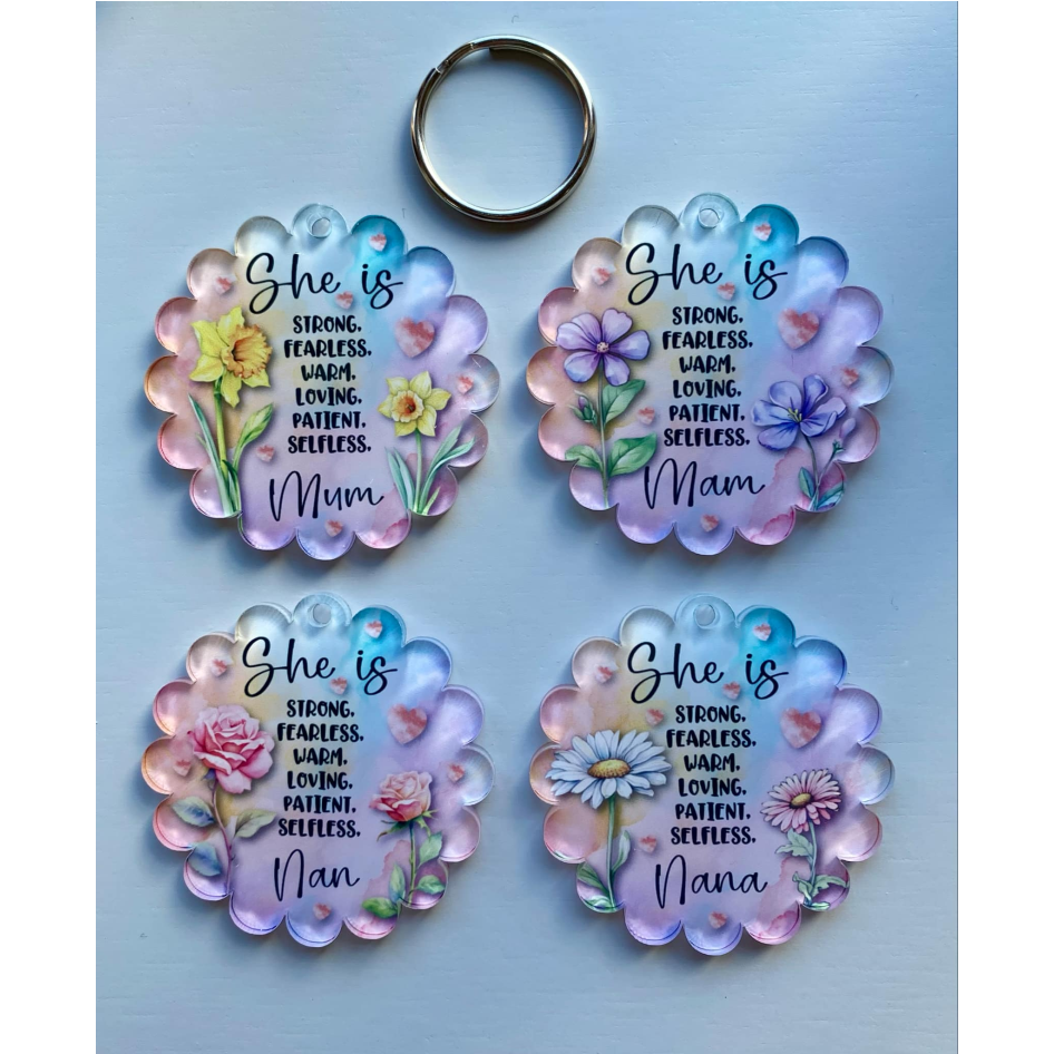 SUBLIMATED SUB CLEAR ACRYLIC 'SHE IS' FLOWER KEYRING (WC2298)