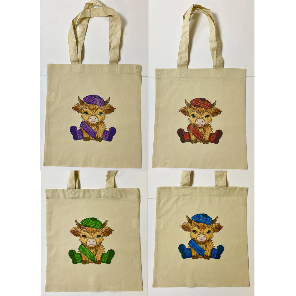 SUBLIMATED TARTAN HIGHLAND COW NATURAL COLOURED TOTE BAG