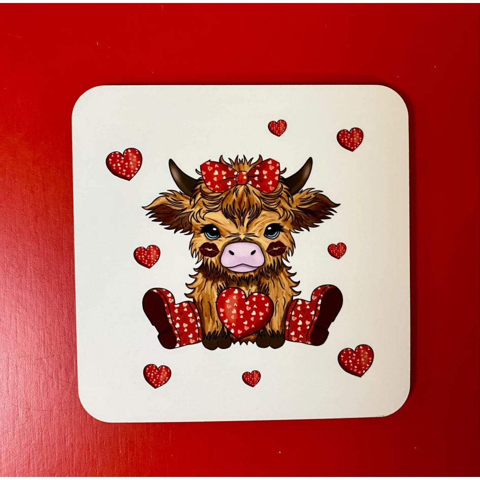 SUBLIMATED EH VALENTINES HIGHLAND COW MDF SQUARE COASTER