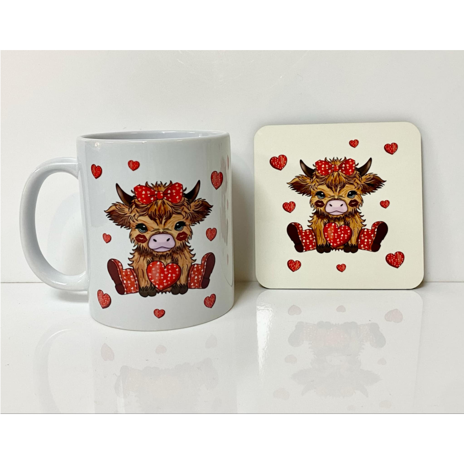 SUBLIMATED VALENTINES HIGHLAND COW MUG & MDF SQUARE COASTER SET