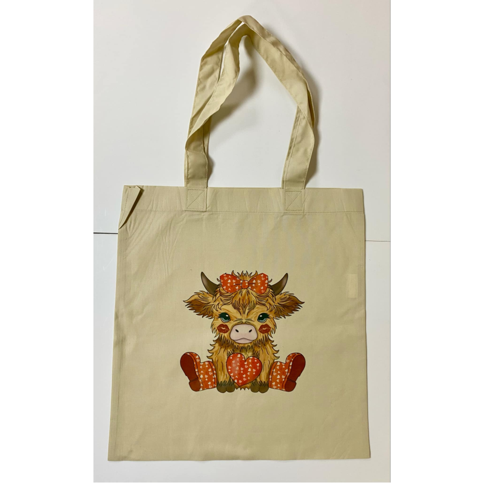 SUBLIMATED VALENTINES HIGHLAND COW NATURAL COLOURED TOTE BAG