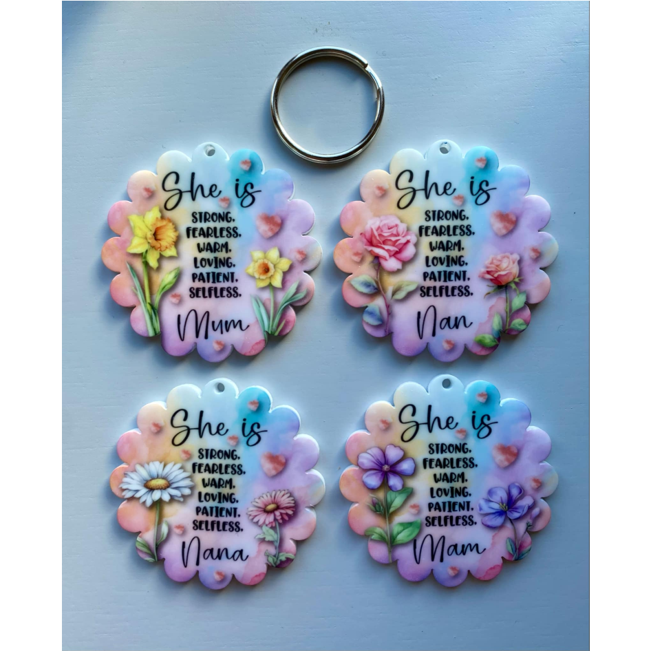 SUBLIMATED WHITE ACRYLIC 'SHE IS' FLOWER KEYRING (WC2298)