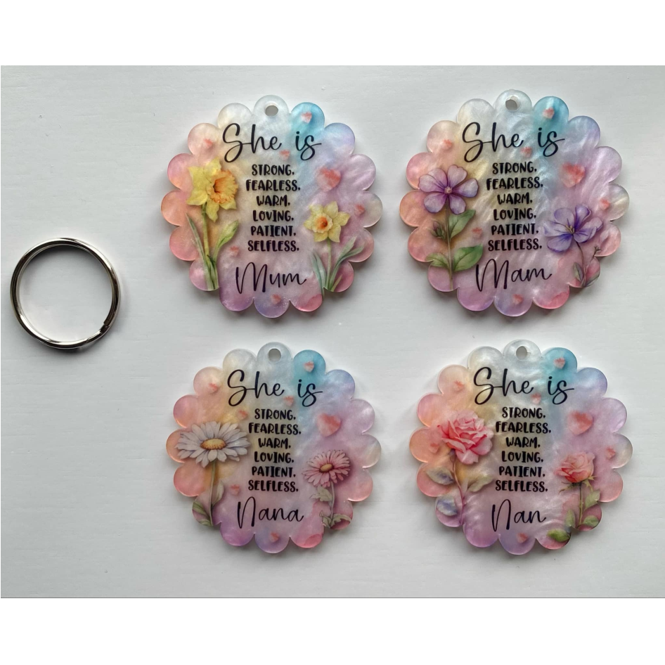 SUBLIMATED WHITE SWIRL ACRYLIC 'SHE IS' FLOWER KEYRING (WC2298)