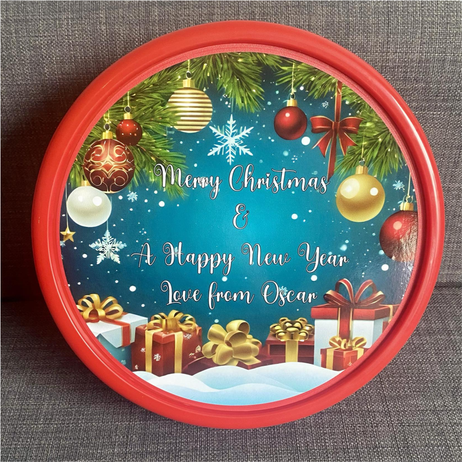 BAUBLE & PRESENT CHRISTMAS CHOCOLATE TUB PEEL & STICK PRINTED VINYL