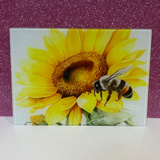 BEE AND SUNFLOWER SUBLIMATED GLASS CHOPPING BOARD