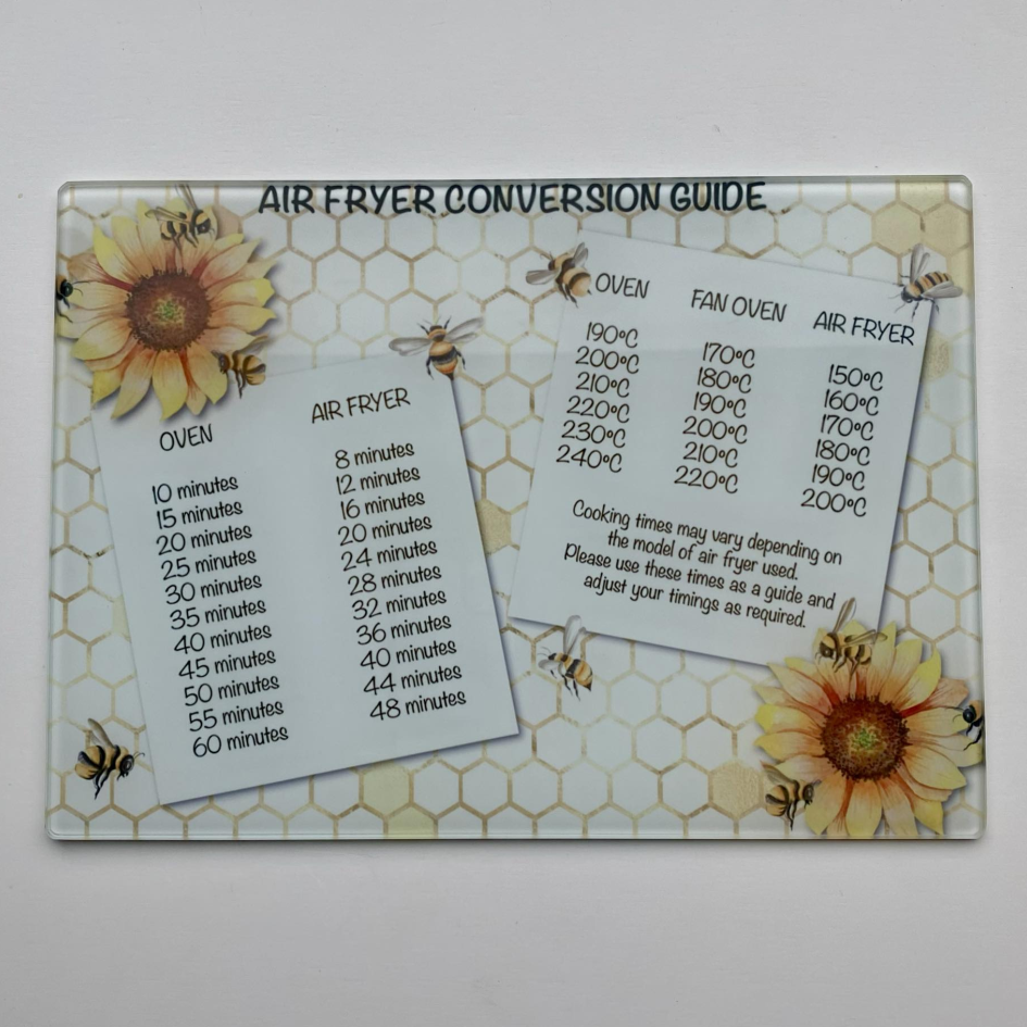 BEE AND SUNFLOWER CONVERSION & MEASUREMENT SUBLIMATED GLASS CHOPPING BOARD