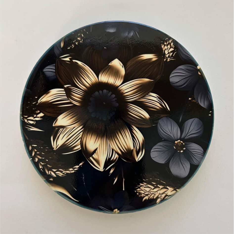 BLACK & GOLD FLOWER CIRCLE CERAMIC COASTER