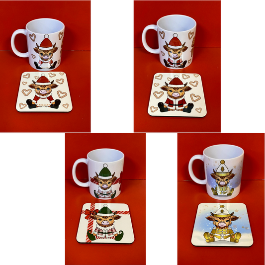 SUBLIMATED CHRISTMAS COW MUG & MDF SQUARE COASTER SET