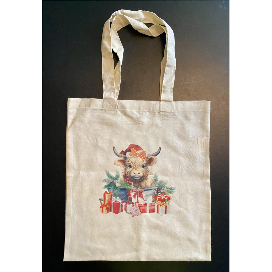 SUBLIMATED HIGHLAND COW PRESENT NATURAL COLOURED TOTE BAG