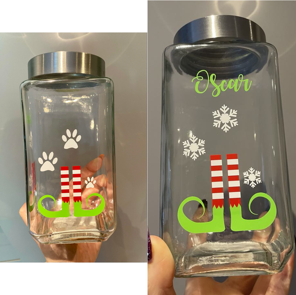 PERSONALISED ELF LEGS WITH SNOWFLAKE/PAW PRINT VINYL FOR JAR