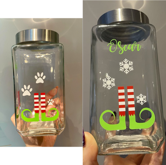 PERSONALISED ELF LEGS WITH SNOWFLAKE/PAW PRINT VINYL FOR JAR