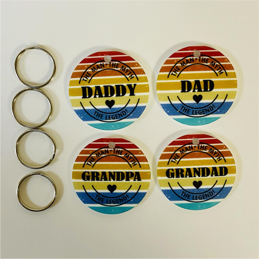 OFFER - SUBLIMATED ACRYLIC FATHERS DAY (MAN, MYTH, LEGEND) 5CM CIRCLE KEYRING - PACK OF 10