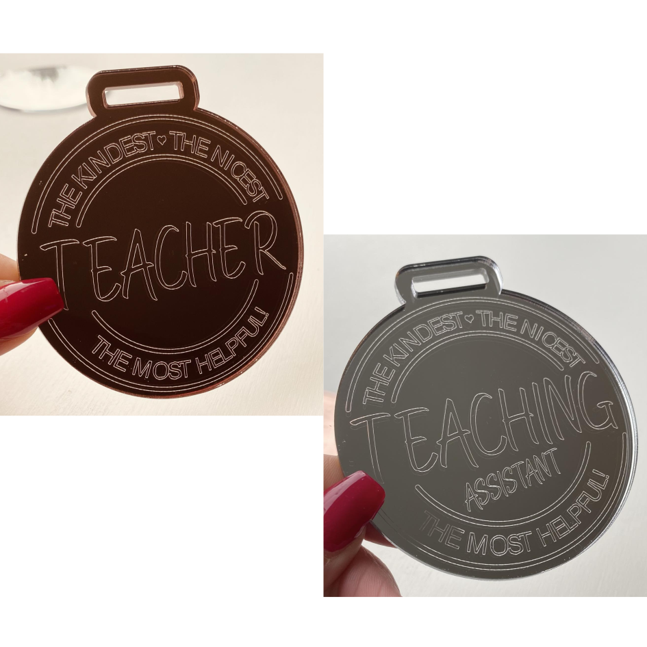 8cm MIRROR ACRYLIC MEDAL WITH 'THE KINDEST, THE NICEST, THE MOST HELPFUL' ENGRAVED