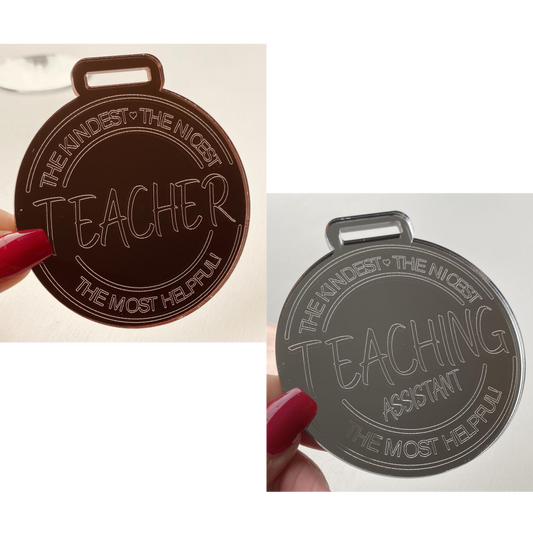 8cm MIRROR ACRYLIC MEDAL WITH 'THE KINDEST, THE NICEST, THE MOST HELPFUL' ENGRAVED