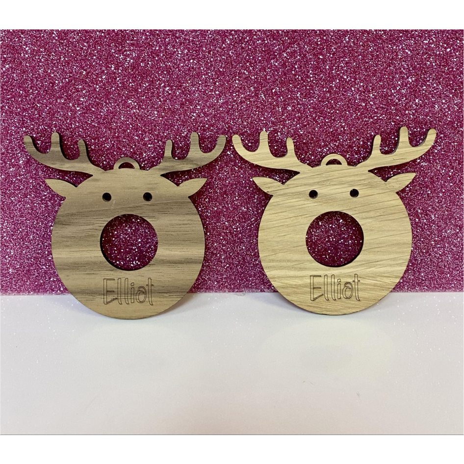 OAK VENEER/AMERICAN WALNUT ENGRAVED PERSONALISED HANGING REINDEER WITH CHOCOLATE HOLE