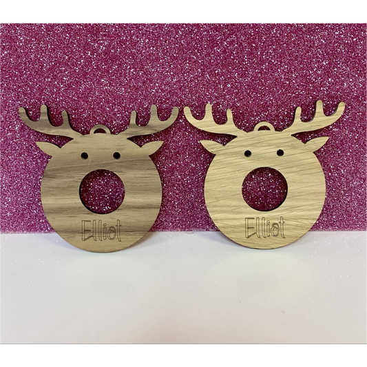 OAK VENEER/AMERICAN WALNUT ENGRAVED PERSONALISED HANGING REINDEER WITH CHOCOLATE HOLE