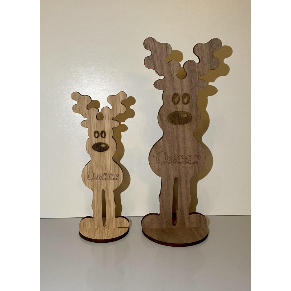 OAK VENEER/AMERICAN WALNUT ENGRAVED PERSONALISED REINDEER ON STAND