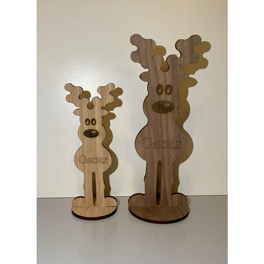 OAK VENEER/AMERICAN WALNUT ENGRAVED PERSONALISED REINDEER ON STAND