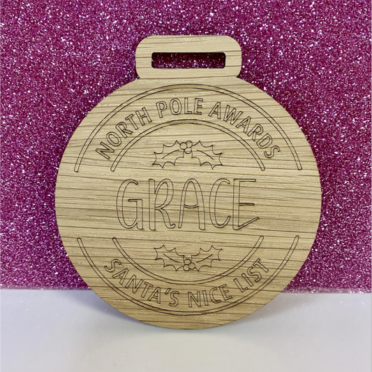 10cm OAK VENEER MEDAL WITH PERSONALISED NICE LIST ENGRAVED