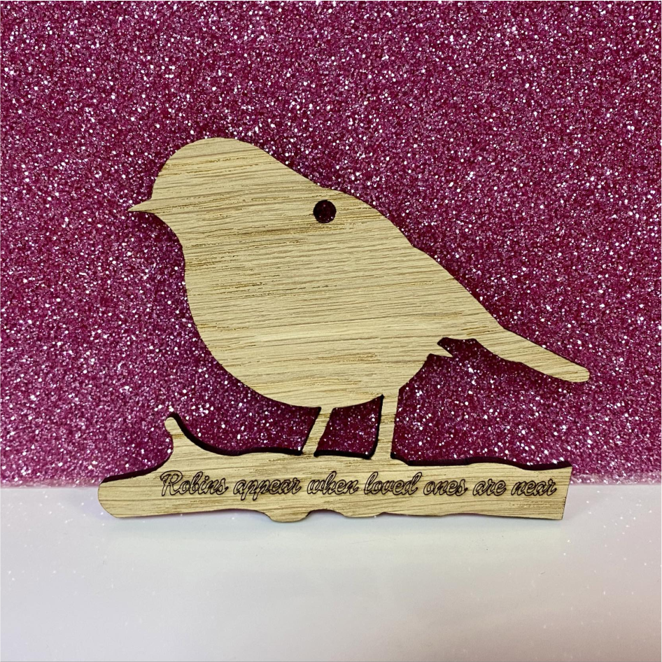 OAK VENEER ENGRAVED 'ROBINS APPEAR' HANGING ROBIN ON BRANCH