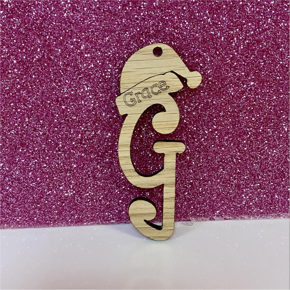 OAK VENEER ENGRAVED PERSONALISED HANGING SANTA HAT INITIAL