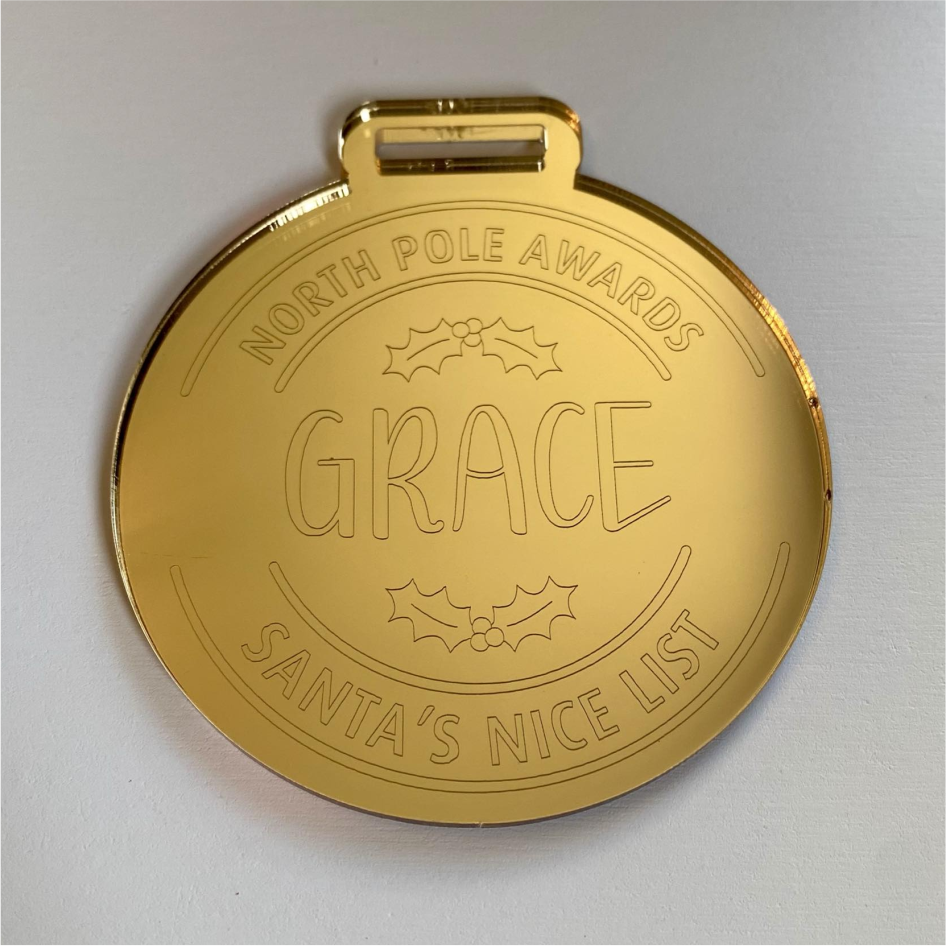 8cm MIRROR ACRYLIC MEDAL WITH PERSONALISED 'NICE LIST' ENGRAVED