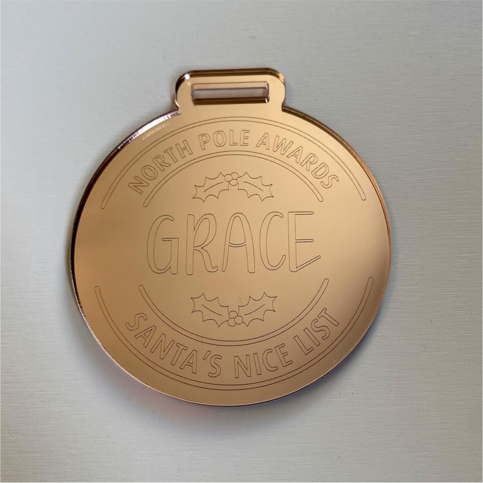 8cm MIRROR ACRYLIC MEDAL WITH PERSONALISED 'NICE LIST' ENGRAVED