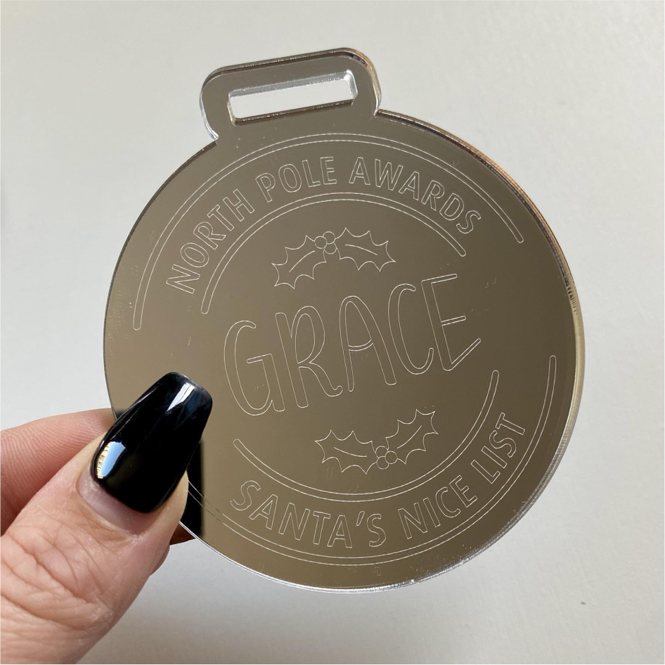 8cm MIRROR ACRYLIC MEDAL WITH PERSONALISED 'NICE LIST' ENGRAVED