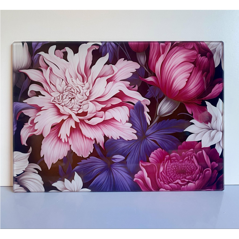 PINK & PURPLE FLOWER SUBLIMATED GLASS CHOPPING BOARD