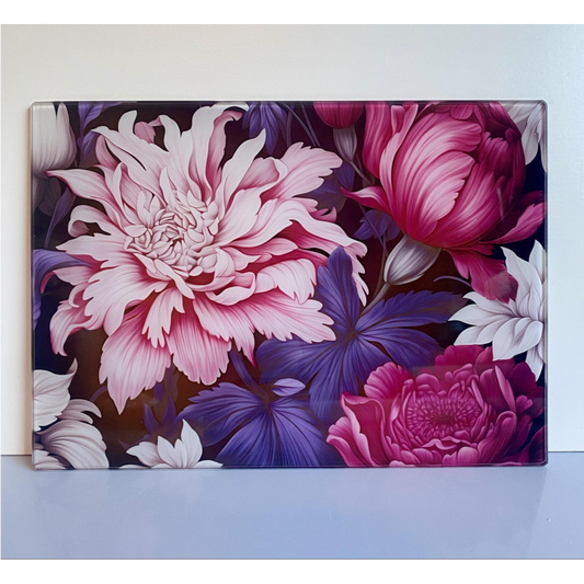 PINK & PURPLE FLOWER SUBLIMATED GLASS CHOPPING BOARD