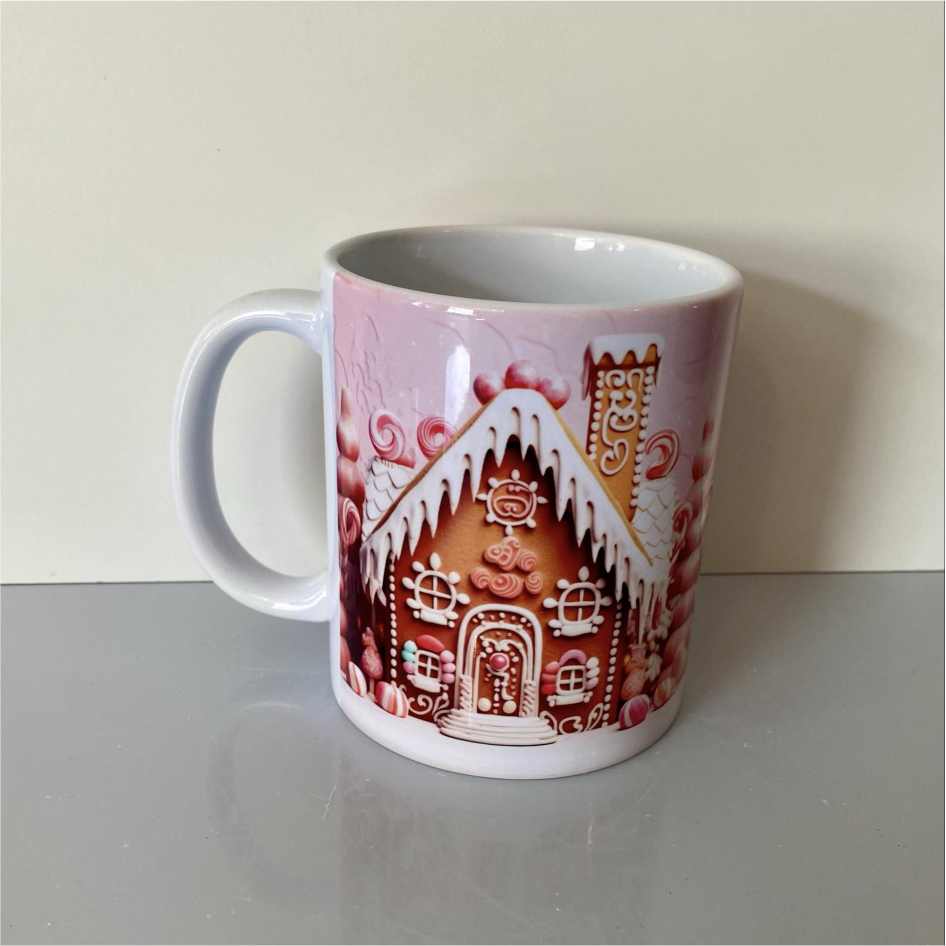 SUBLIMATED PINK GINGERBREAD HOUSE MUG