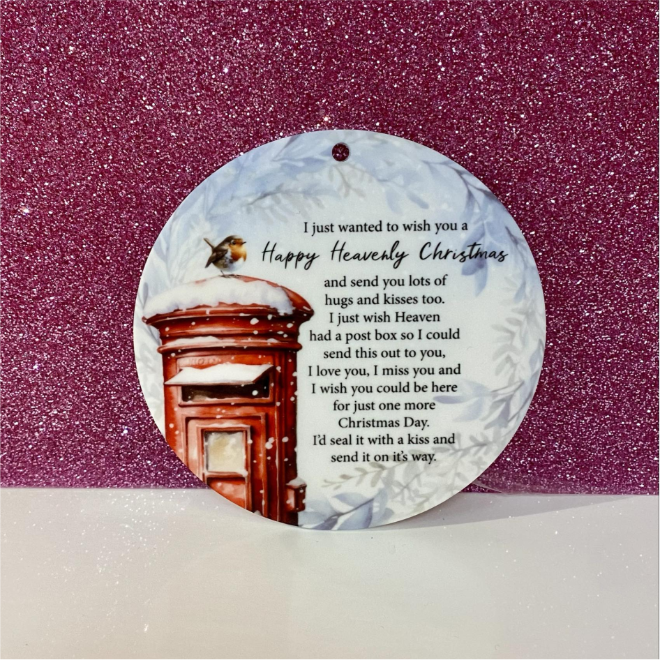 SUBLIMATED WHITE ACRYLIC 'HEAVENLY CHRISTMAS' POSTBOX 8CM HANGING CIRCLE