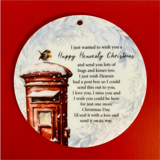 SUBLIMATED WHITE ACRYLIC 'HEAVENLY CHRISTMAS' POSTBOX 8CM HANGING CIRCLE