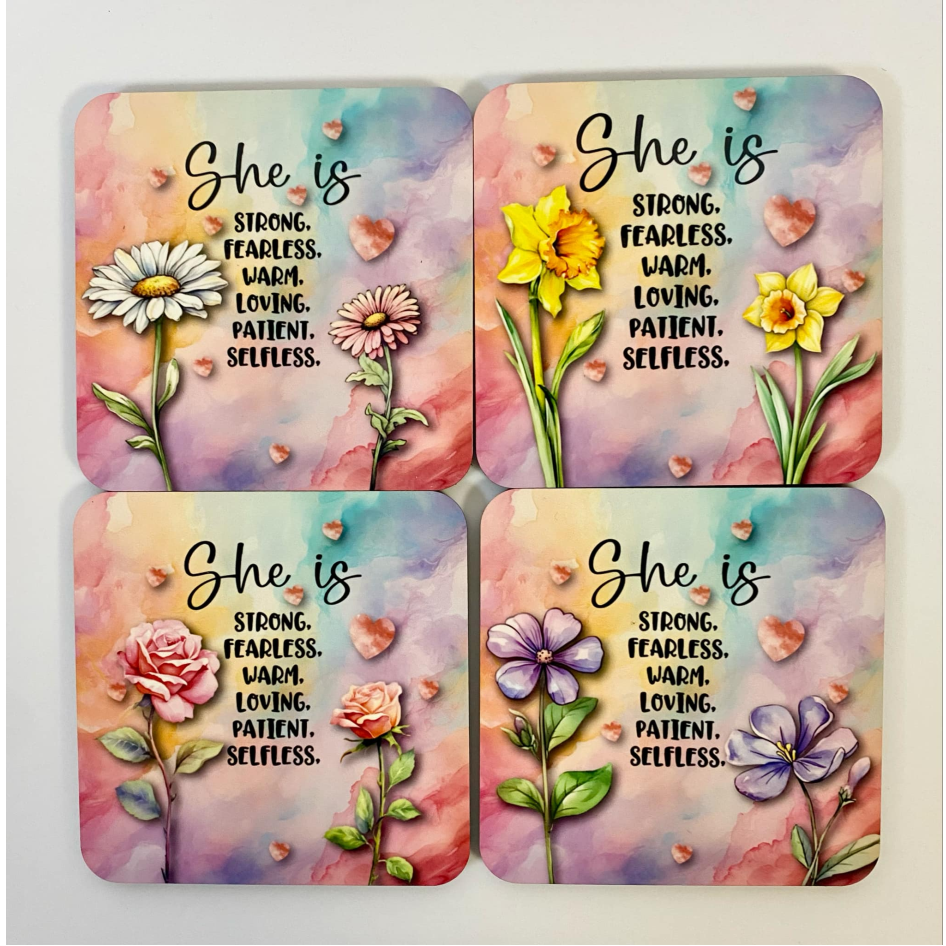 SUBLIMATED 'SHE IS' MDF SQUARE COASTER
