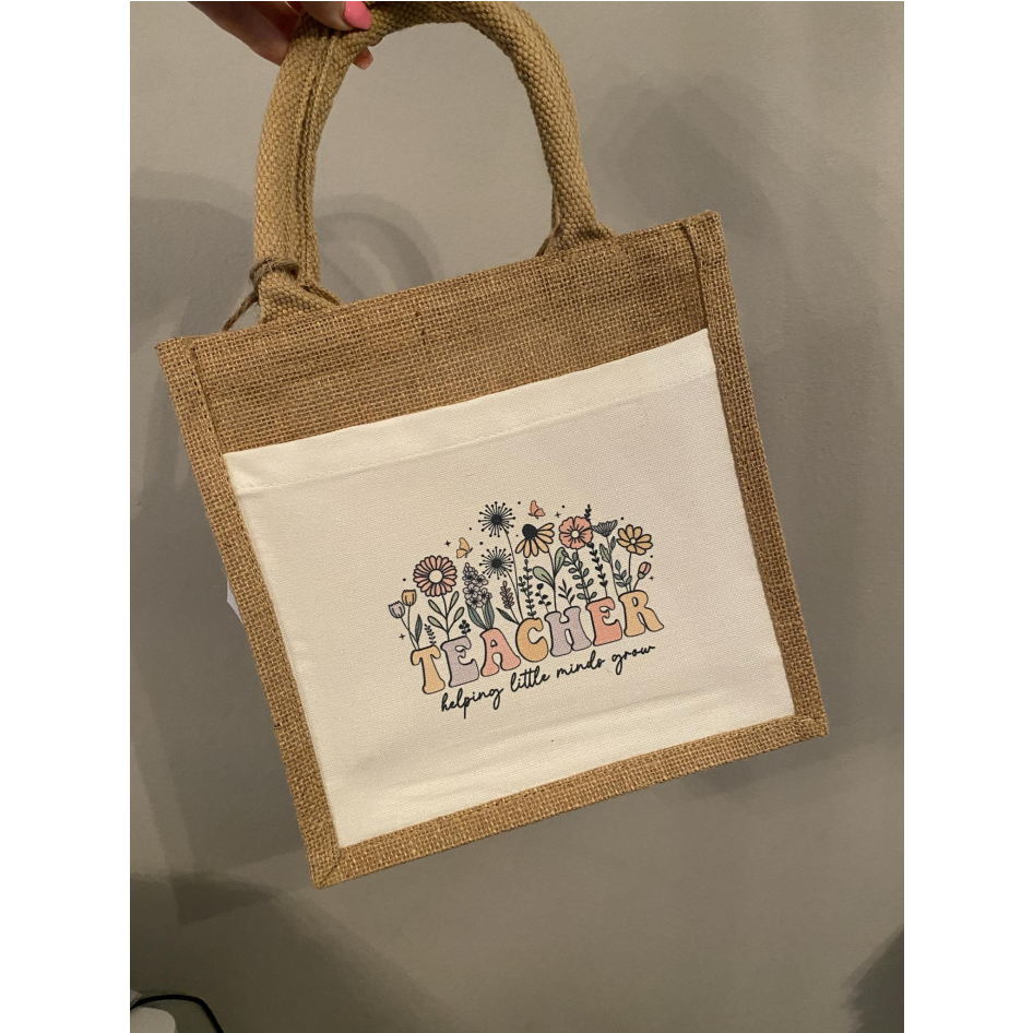 SUBLIMATED TEACHER WILDFLOWER JUTE BAG