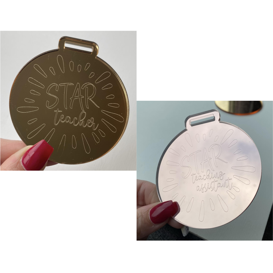 8cm MIRROR ACRYLIC MEDAL WITH 'STAR' TEACHER ENGRAVED