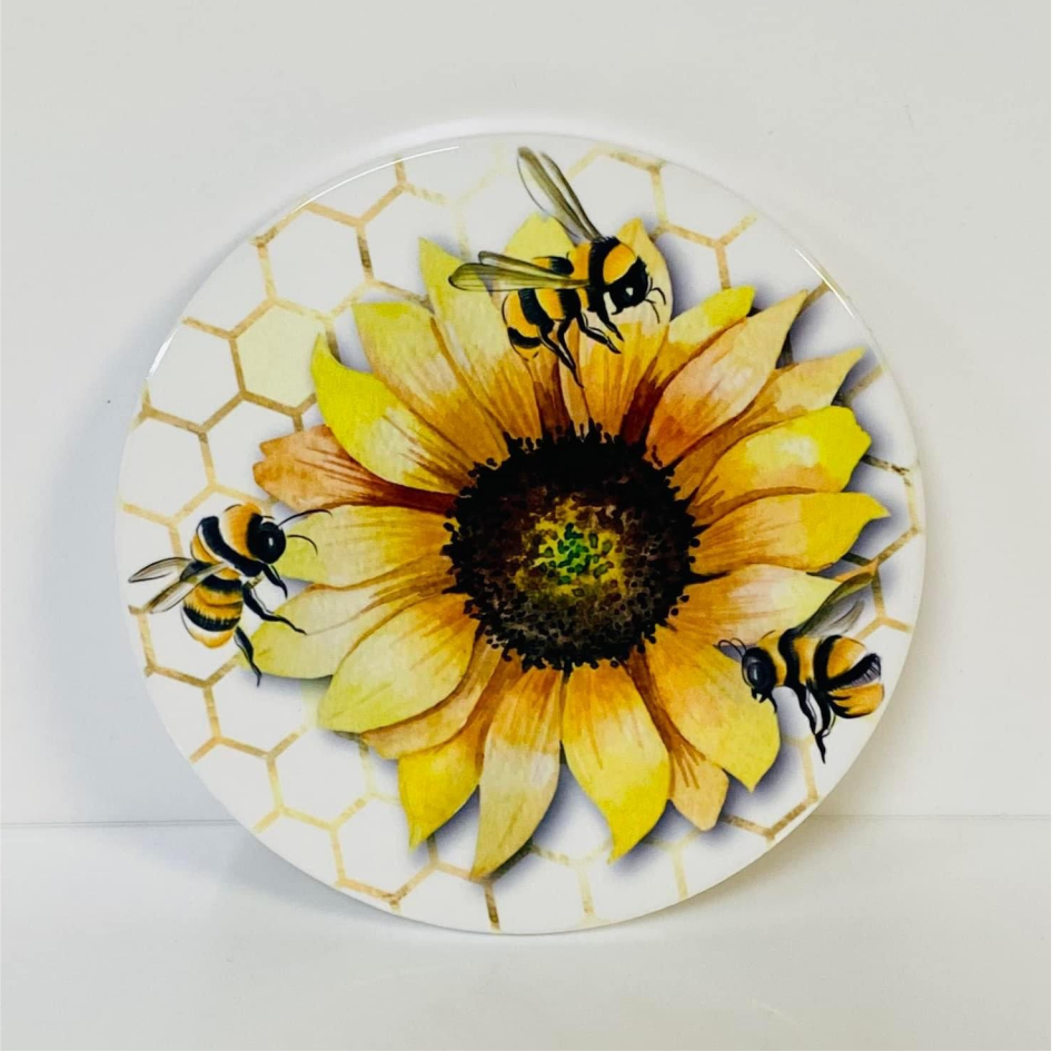 BEE & SUNFLOWER CIRCLE CERAMIC COASTER