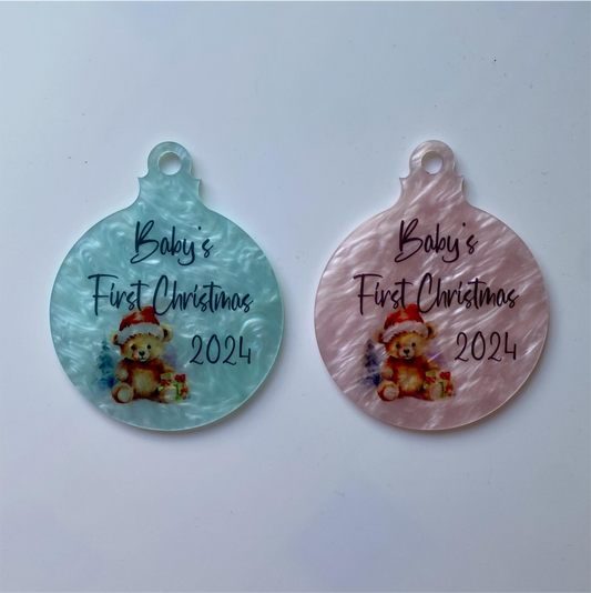 SUBLIMATED PINK/BLUE SWIRL BABY'S FIRST CHRISTMAS 10cm BAUBLE