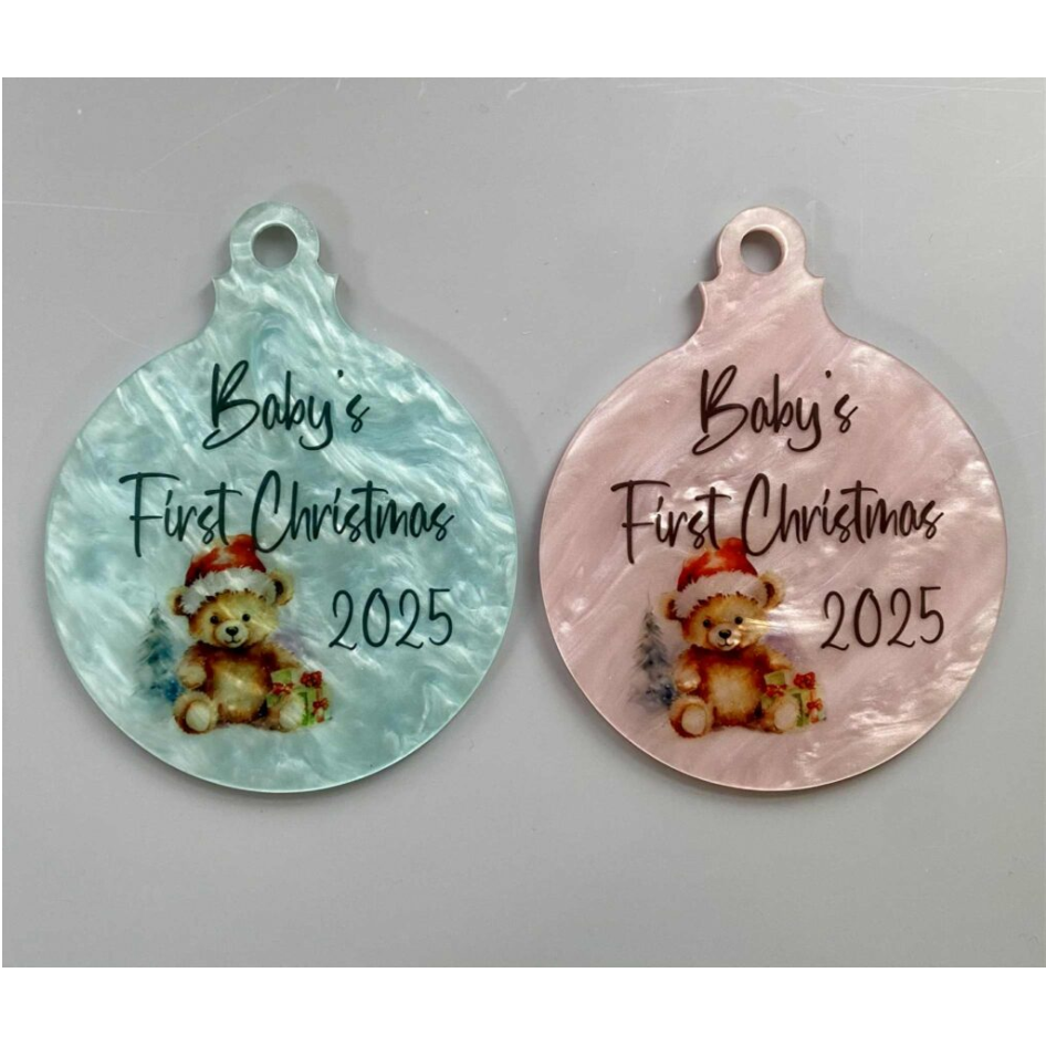 SUBLIMATED PINK/BLUE SWIRL BABY'S FIRST CHRISTMAS 10cm BAUBLE