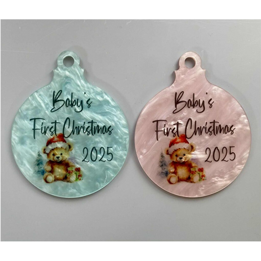SUBLIMATED PINK/BLUE SWIRL BABY'S FIRST CHRISTMAS 10cm BAUBLE