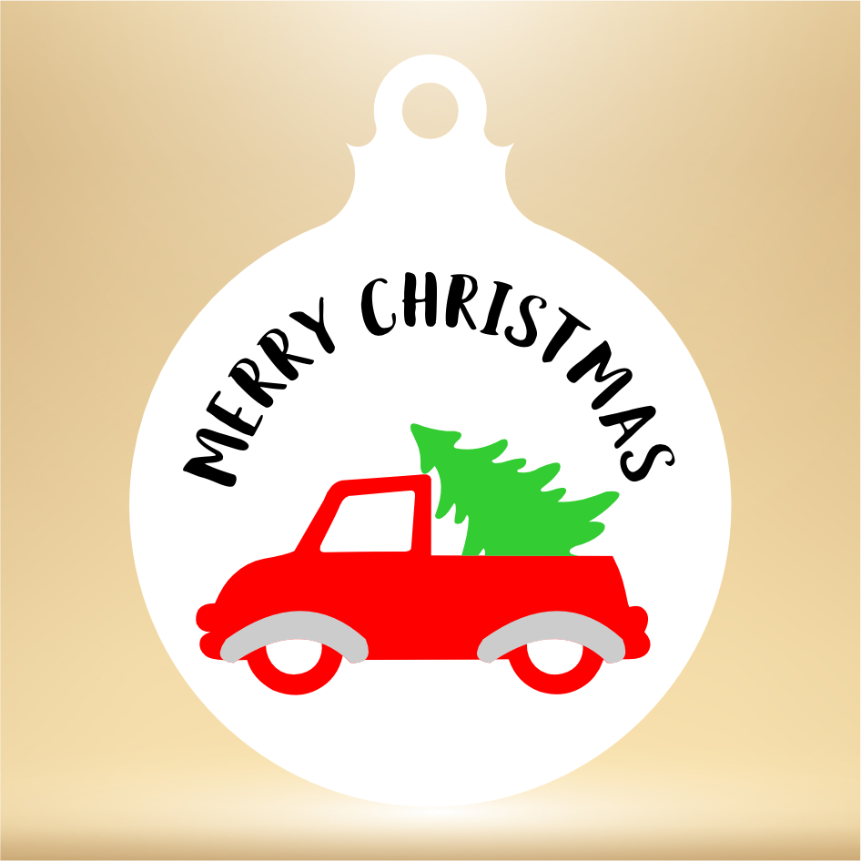 VINYL ‘MERRY CHRISTMAS’ WITH TRUCK & TREE FOR 10CM CHRISTMAS BAUBLE