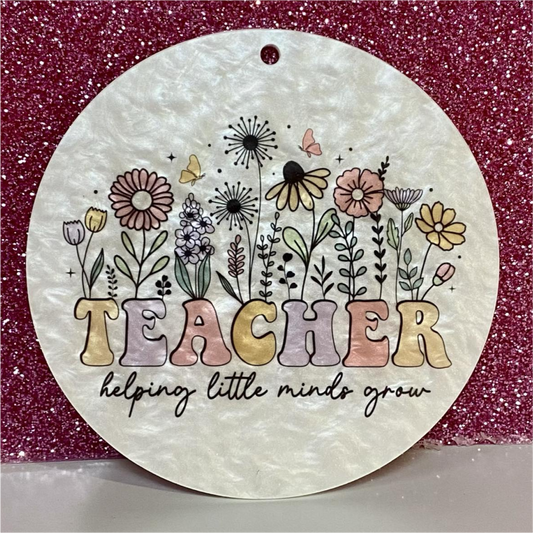 SUBLIMATED WHITE SWIRL ACRYLIC WILDFLOWER TEACHER 8CM HANGING CIRCLE